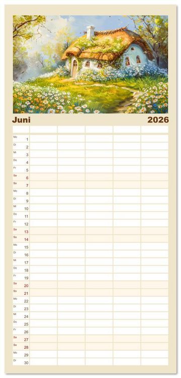 Produktbild: Familienplaner 2026 - Kleine Cottages - Romantische Fantasieh&auml;uschen mit 5 Spalten (Wandkalender, 21 x 45 cm) CALVENDO