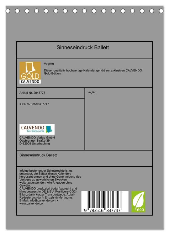 Produktbild: Sinneseindruck Ballett (Tischkalender 2026 DIN A5 hoch), CALVENDO Monatskalender