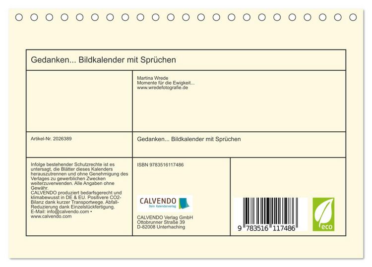 Produktbild: Gedanken... Bildkalender mit Spr&uuml;chen (Tischkalender 2026 DIN A5 quer), CALVENDO Monatskalender