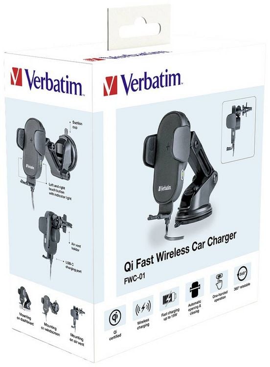 Produktbild: Verbatim Induktions-Ladeger&auml;t 15 W FWC-01 Qi Fast Wireless Car Charger 49552 Ausg&auml;nge Magnetanschluss Schwarz