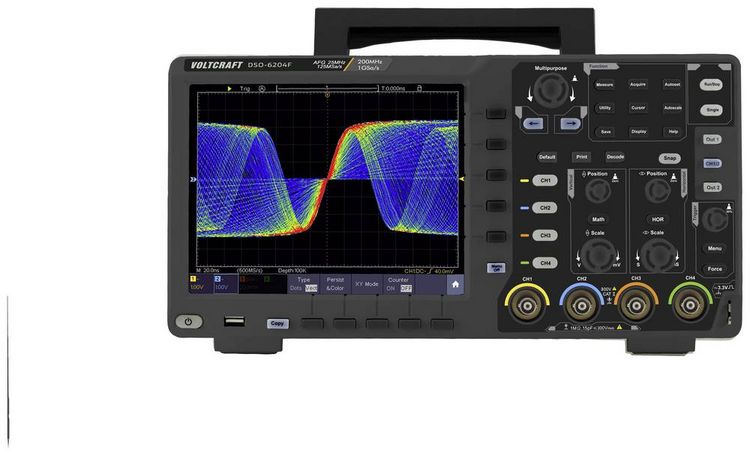 Produktbild: VOLTCRAFT DSO-6204F Digital-Oszilloskop 200 MHz 4-Kanal 1 GSa/s 10 Mpts 8 Bit Digital-Speicher (DSO), Funktionsgenerator 1 St.