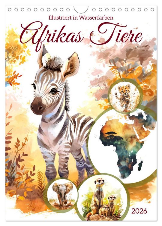 Produktbild: Afrikas Tiere - Illustriert in Wasserfarben (Wandkalender 2026 DIN A4 hoch), CALVENDO Monatskalender