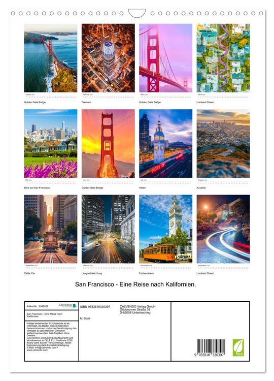 Produktbild: San Francisco - Eine Reise nach Kalifornien. (Wandkalender 2026 DIN A3 hoch), CALVENDO Monatskalender