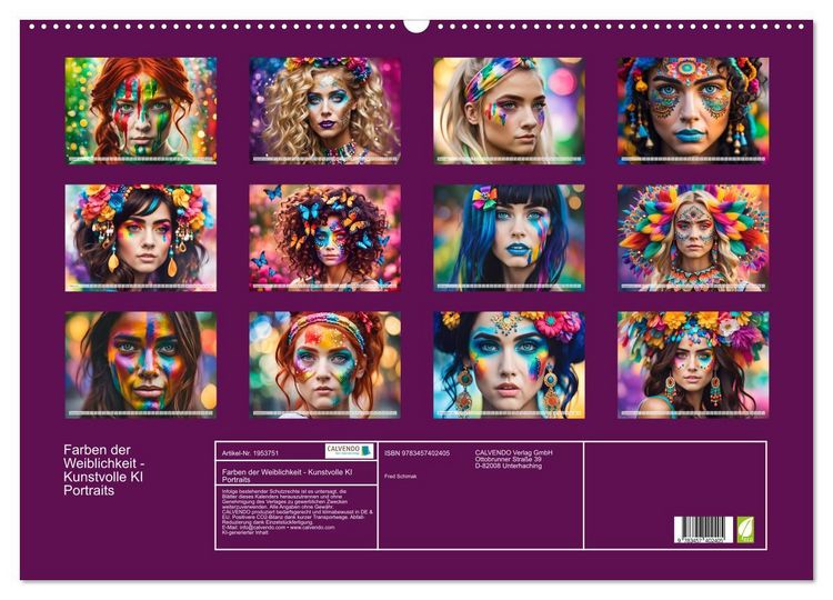 Produktbild: Farben der Weiblichkeit - Kunstvolle KI Portraits (Wandkalender 2026 DIN A2 quer), CALVENDO Monatskalender