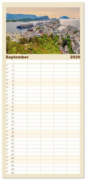 Produktbild: Familienplaner 2026 - Vom Nordkap zum S&uuml;dkap mit 5 Spalten (Wandkalender, 21 x 45 cm) CALVENDO