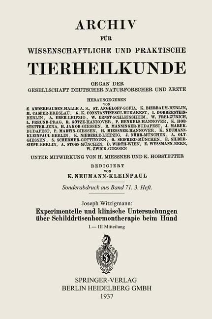 Produktbild: Experimentelle und klinische Untersuchungen &uuml;ber Schilddr&uuml;senhormontherapie beim Hund