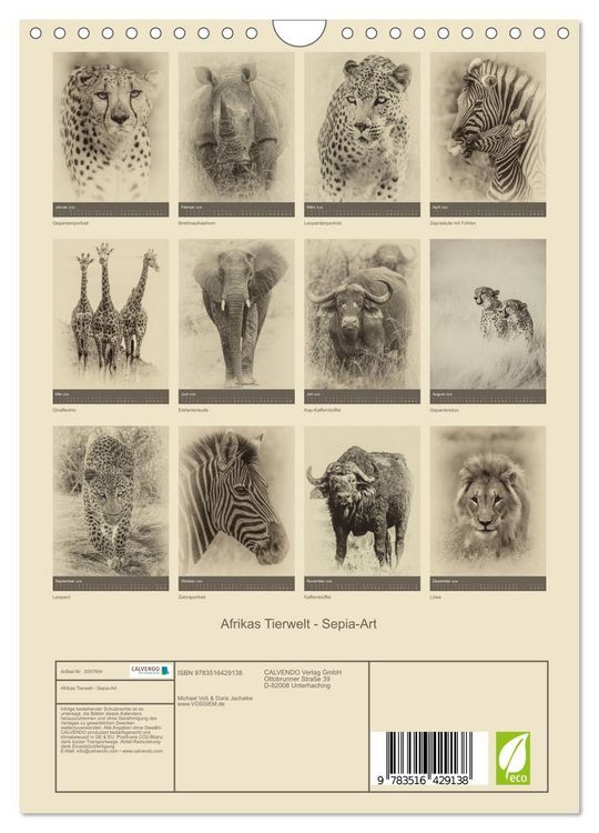 Produktbild: Afrikas Tierwelt - Sepia-Art (Wandkalender 2026 DIN A4 hoch), CALVENDO Monatskalender