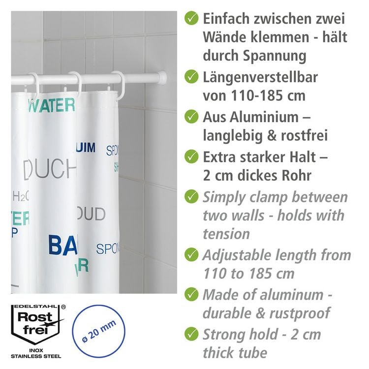 Produktbild: Teleskop-Duschstange Wei&szlig; &Oslash; 2 cm, 110 - 185 cm, aus rostfreiem Aluminium