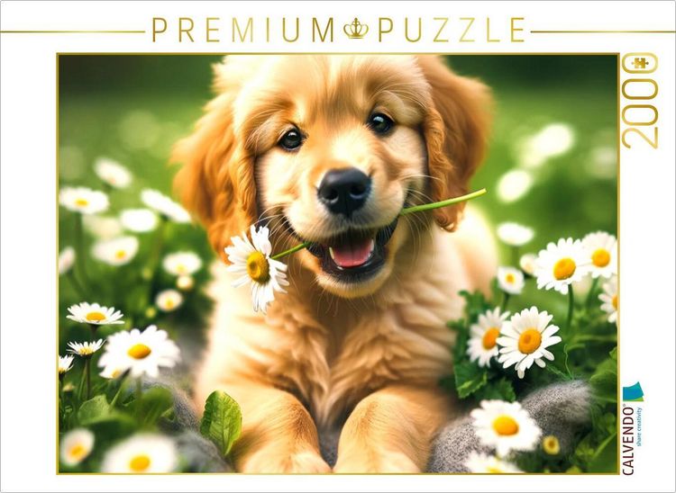 Produktbild: CALVENDO Puzzle Ein Golden Retriever-Welpe umringt von G&auml;nsebl&uuml;mchen | 2000 Teile Lege-Gr&ouml;&szlig;e 90x67cm Foto-Puzzle f&uuml;r gl&uuml;ckliche Stunden