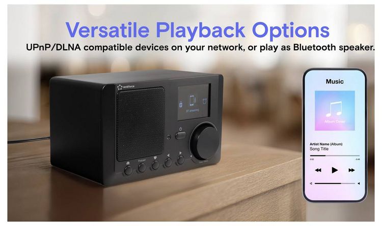 Produktbild: Renkforce RF-IR-MONO2 Internet Tischradio Internet Bluetooth&reg;, Internetradio, DLNA Inkl. Fernbedienung, DLNA-f&auml;hig, Weckfunktion Black