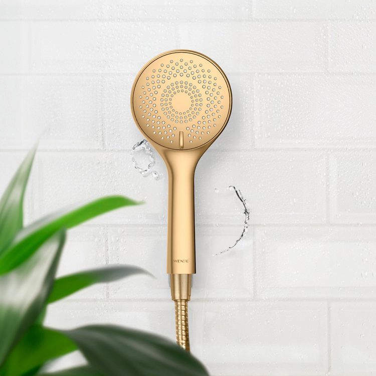 Produktbild: Duschkopf Watersaving Gold matt, Universal-Handbrause, &Oslash; 11 cm, 3 Strahlarten