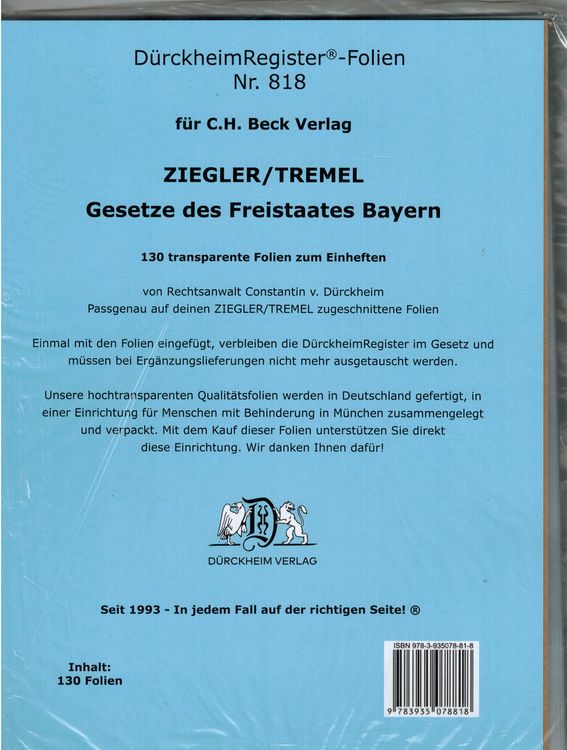 Produktbild: D&uuml;rckheimRegister&reg;-FOLIEN ZIEGLER/TREMEL Gesetze des Freistaates Bayern