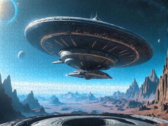 Produktbild: CALVENDO Puzzle Untertasse bei der Landung auf einem Alien-Planeten | 1000 Teile Lege-Gr&ouml;&szlig;e 64x48cm Foto-Puzzle f&uuml;r gl&uuml;ckliche Stunden