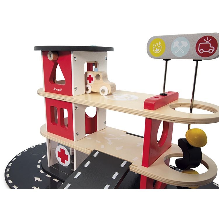 Produktbild: Holz-Feuerwehr-Spielset mit Fahrzeugen & Helikopter ab 2 Jahren