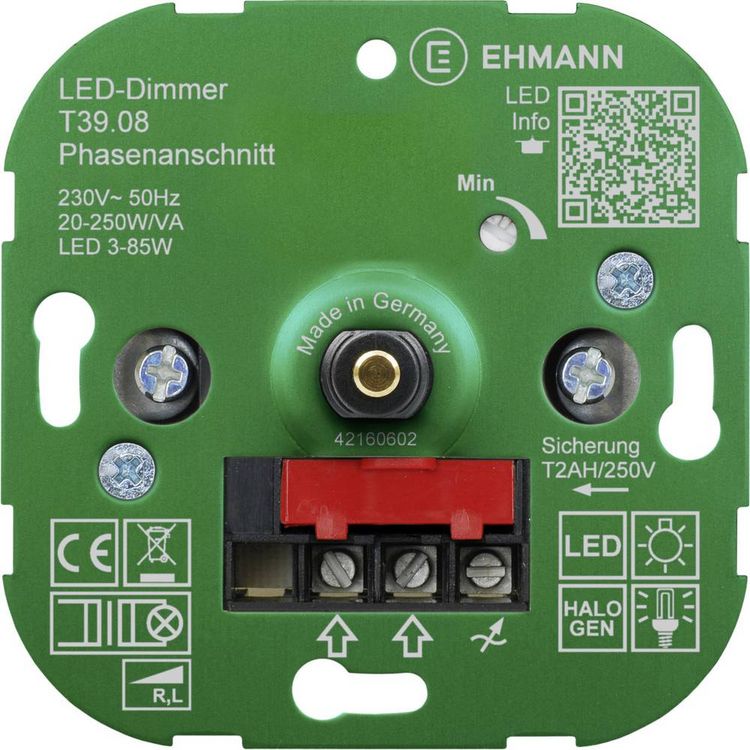 Produktbild: Ehmann 3900x0800 Unterputz Dimmer Geeignet f&uuml;r Leuchtmittel: LED-Lampe, Energiesparlampe, Halogenlampe, Gl&uuml;hlampe