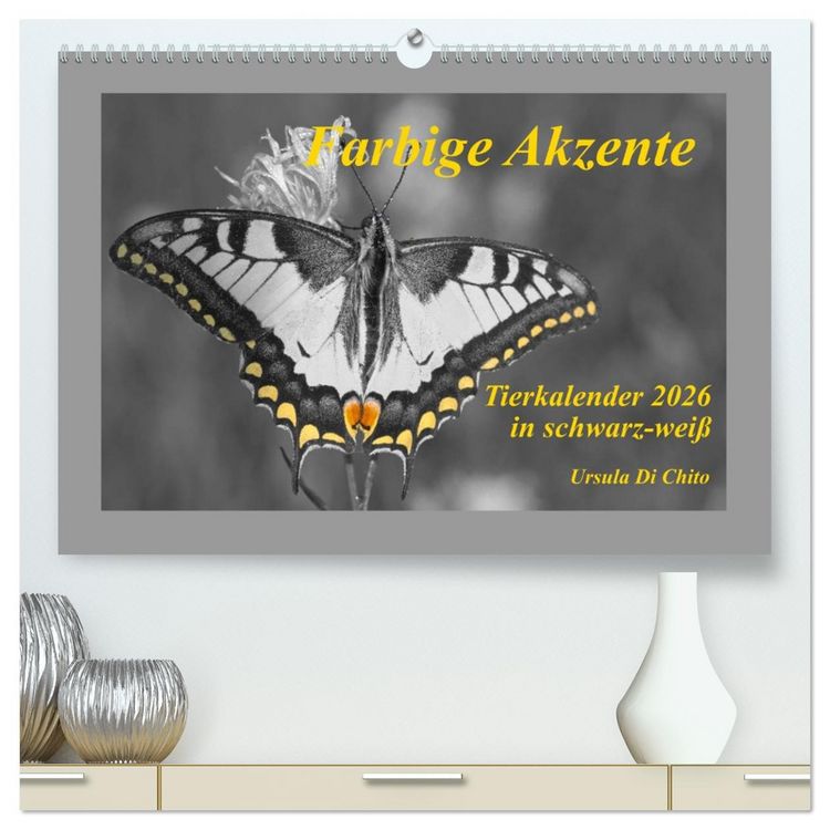 Produktbild: Farbige Akzente - Tierkalender 2026 in schwarz-wei&szlig; (hochwertiger Premium Wandkalender 2026 DIN A2 quer), Kunstdruck in Hochglanz