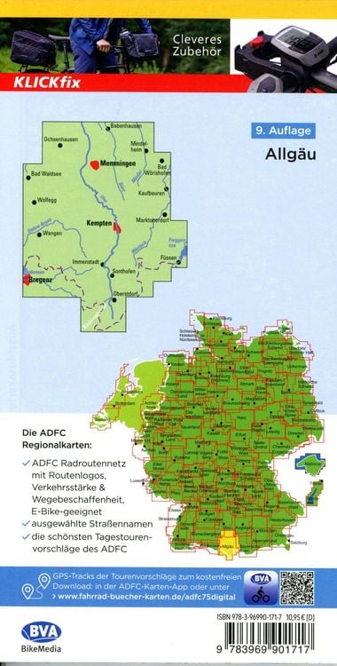 Produktbild: ADFC-Regionalkarte Allg&auml;u 1:75.000, mit Tagestourenvorschl&auml;gen, rei&szlig;- und wetterfest, E-Bike-geeignet, GPS-Tracks-Download