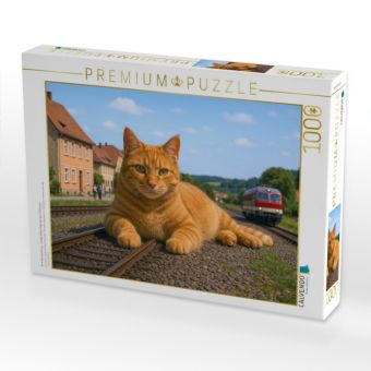 Produktbild: CALVENDO Puzzle Streckensperrung - riesige Katze liegt auf den Schienen | 1000 Teile Lege-Gr&ouml;&szlig;e 64x48cm Foto-Puzzle f&uuml;r gl&uuml;ckliche Stunden