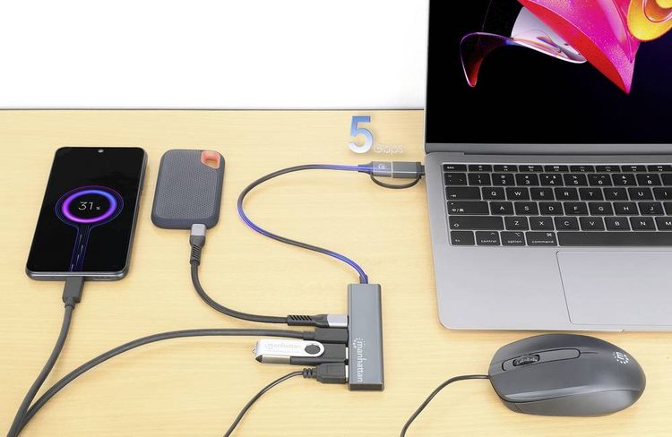 Produktbild: Manhattan 181075 USB-Hub 2+2 Port USB-A, USB-C&reg; USB 3.0 5 GBit/s mit Aluminiumgeh&auml;use, mit USB-C&reg; Stecker Spacegrau 181075