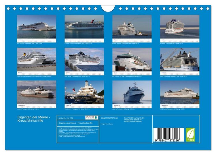 Produktbild: Giganten der Meere - Kreuzfahrtschiffe (Wandkalender 2026 DIN A4 quer), CALVENDO Monatskalender