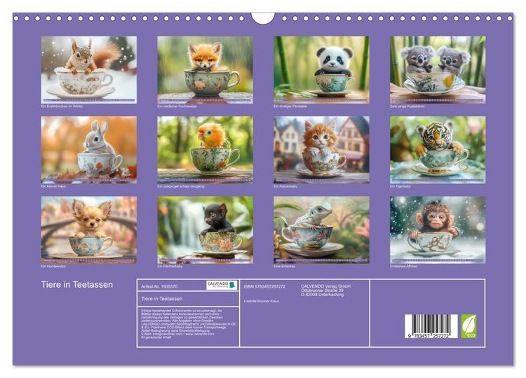Produktbild: Tiere in Teetassen (Wandkalender 2026 DIN A3 quer), CALVENDO Monatskalender