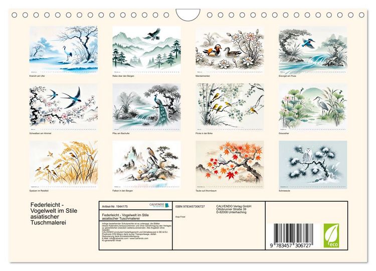 Produktbild: Federleicht - Vogelwelt im Stile asiatischer Tuschmalerei (Wandkalender 2026 DIN A4 quer), CALVENDO Monatskalender