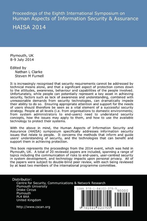 Produktbild: Proceedings of the Eighth International Symposium on Human Aspects of Information Security & Assurance (HAISA 2014)