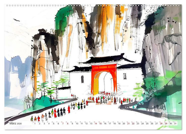Produktbild: Fernost Impressionen - Tempel und Landschaften in KI-Tuschekunst (hochwertiger Premium Wandkalender 2026 DIN A2 quer), Kunstdruck in Hochglanz