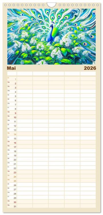 Produktbild: Familienplaner 2026 - Tanz der Pfauen - Jahreszeiten in abstrakter Eleganz mit 5 Spalten (Wandkalender, 21 x 45 cm) CALVENDO