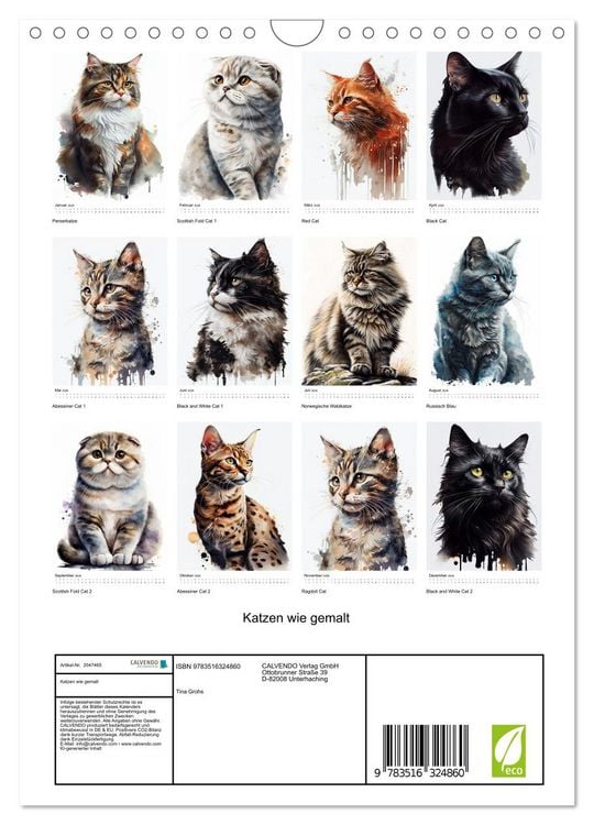 Produktbild: Katzen wie gemalt (Wandkalender 2026 DIN A4 hoch), CALVENDO Monatskalender