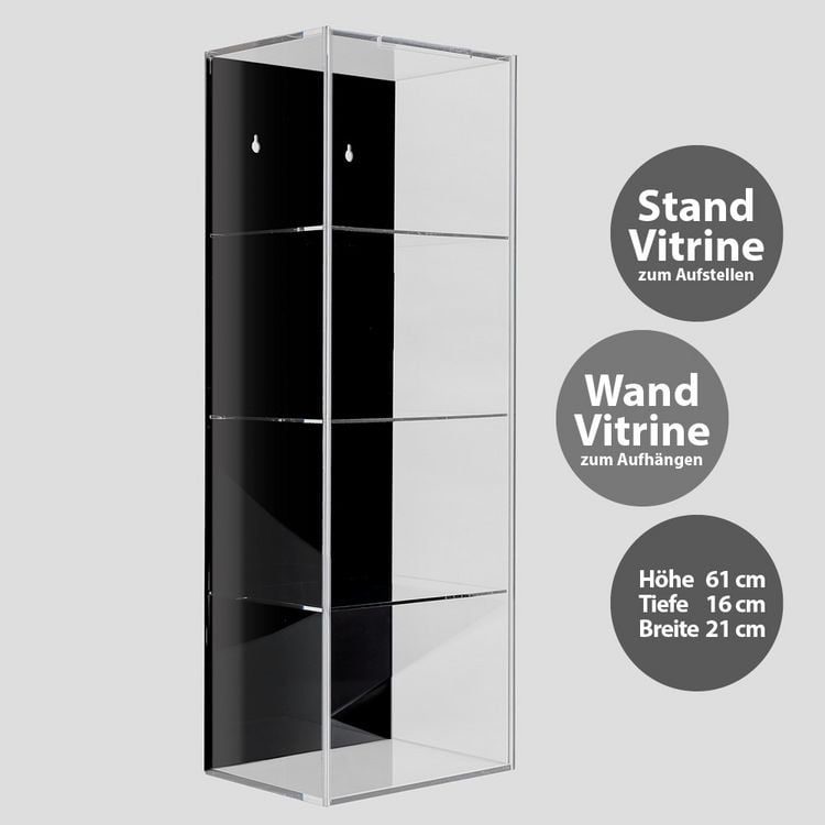 Produktbild: Hochwertige Acryl-Vitrine mit schwarzer R&uuml;ckwand und 4 Ebenen. Einschub an der Vorderseite kann komplett ge&ouml;ffnet werden. Wahlweise als Stand-oder Wandvitrine zu verwenden, wird aufgebaut geliefert