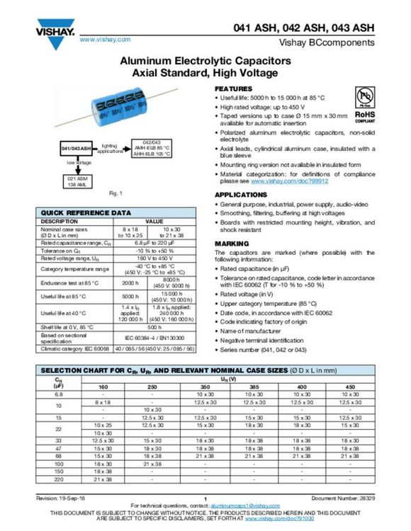 Produktbild: Vishay Elektrolyt-Kondensator axial bedrahtet 22 &micro;F 385 V +50 % (&Oslash; x L) 18 mm x 30 mm 1 St.