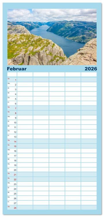 Produktbild: Familienplaner 2026 - Fjorde & Felsen &ndash; Norwegens wilde Seele mit 5 Spalten (Wandkalender, 21 x 45 cm) CALVENDO