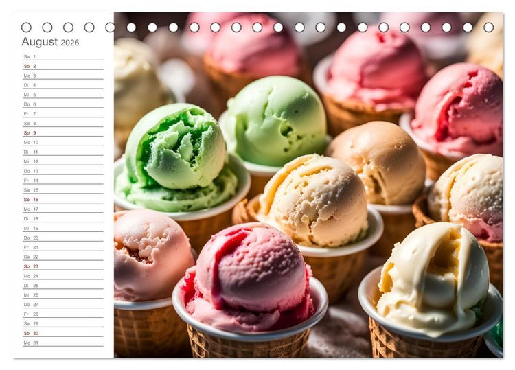 Produktbild: K&ouml;stliche Versuchung - Der zuckers&uuml;&szlig;e Eiscreme Geburtstagskalender mit erfrischenden KI Eisgen&uuml;ssen (Tischkalender 2026 DIN A5 quer), CALVENDO Monatskalender