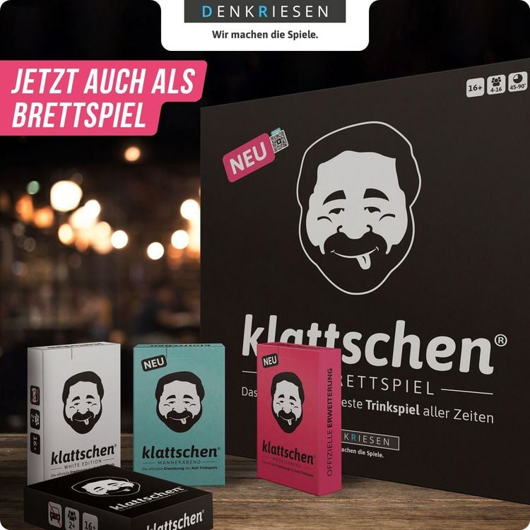 Produktbild: DENKRIESEN - klattschen&reg; - M&auml;nnerabend - SPIELKARTENKARTON "Das wahrscheinlich beste Trinkspiel aller Zeiten"
