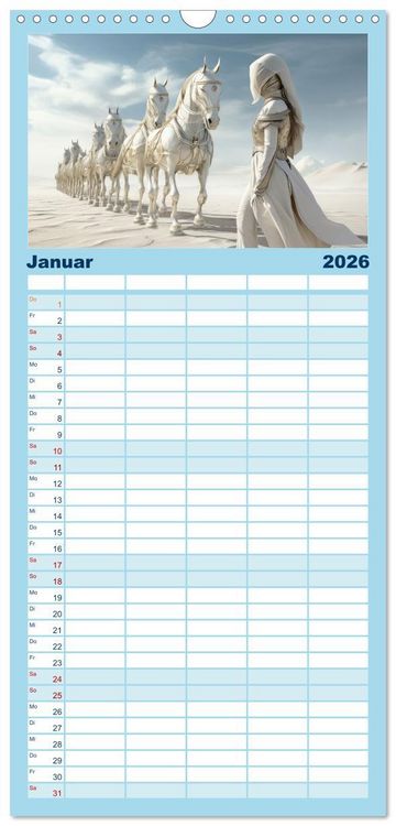 Produktbild: Familienplaner 2026 - Surrealismus trifft Pferdefans mit 5 Spalten (Wandkalender, 21 x 45 cm) CALVENDO