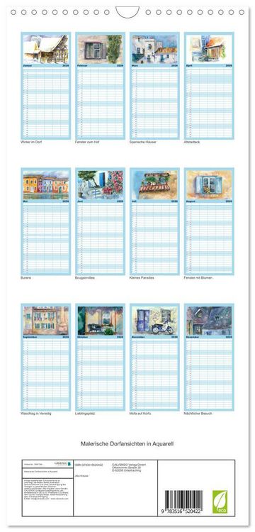 Produktbild: Familienplaner 2026 - Malerische Dorfansichten in Aquarell mit 5 Spalten (Wandkalender, 21 x 45 cm) CALVENDO