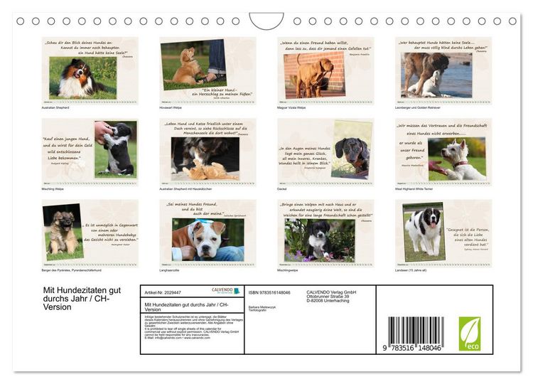 Produktbild: Mit Hundezitaten gut durchs Jahr / CH-Version (Wandkalender 2026 DIN A4 quer), CALVENDO Monatskalender