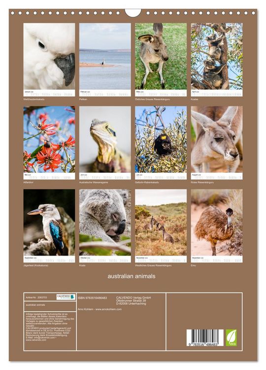 Produktbild: australian animals (Wandkalender 2026 DIN A3 hoch), CALVENDO Monatskalender