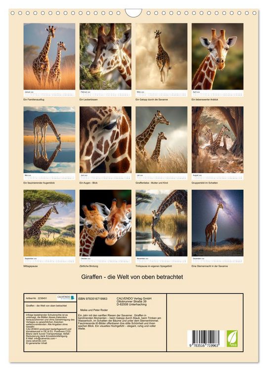 Produktbild: Giraffen - die Welt von oben betrachtet (Wandkalender 2026 DIN A3 hoch), CALVENDO Monatskalender