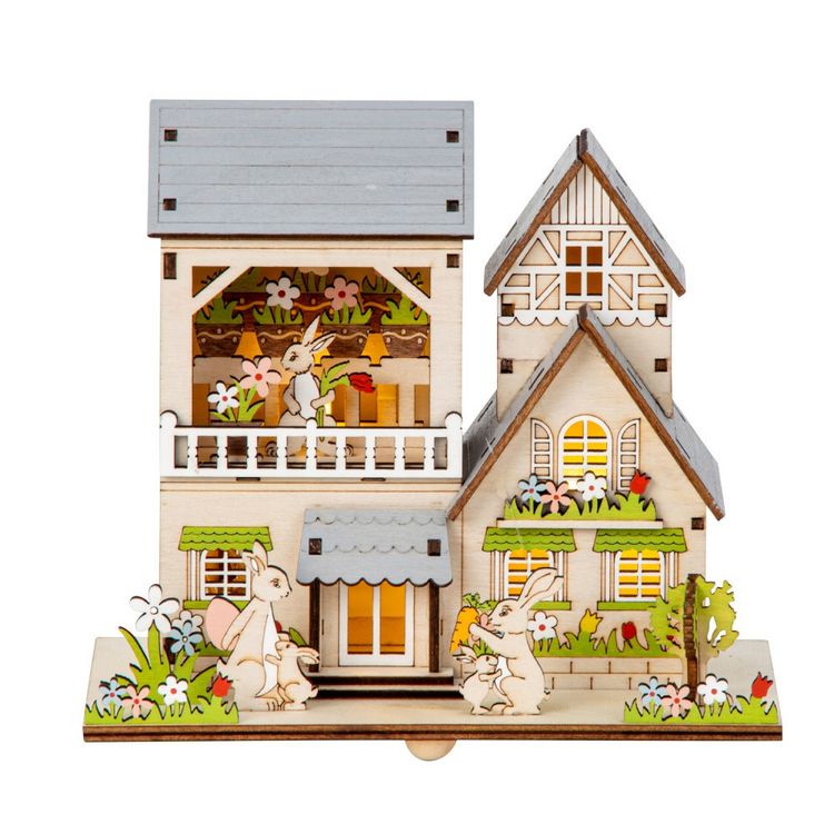 Produktbild: Holz Osterhaus h=17cm b=18cm mit LED Licht