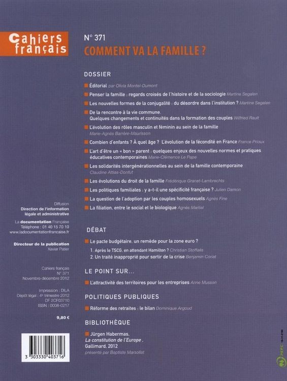 Produktbild: Cahiers Francais ; Comment Va la Famille ?