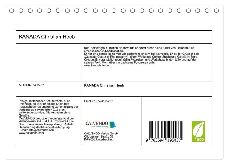 Produktbild: KANADA Christian Heeb (Tischkalender 2027 DIN A5 quer), CALVENDO Monatskalender