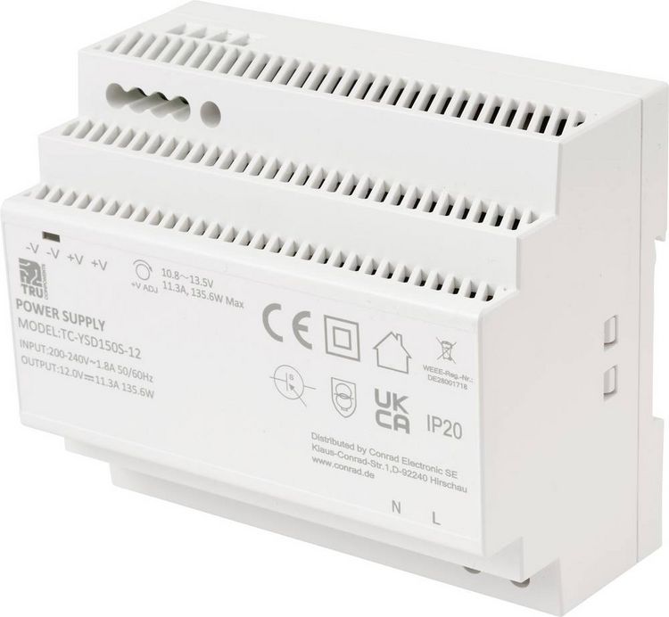 Produktbild: TRU COMPONENTS TC-13710892 Hutschienen-Netzteil (DIN-Rail) Verbrauch (StandBy) 0.3 W 12 V/DC 11.3 A 135.6 W Anzahl Ausg&auml;nge:1 x Inhalt 1 St.