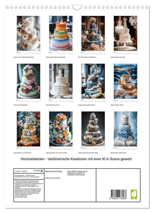 Produktbild: Hochzeitstorten - Verf&uuml;hrerische Kreationen mit einer KI in Szene gesetzt (Wandkalender 2026 DIN A3 hoch), CALVENDO Monatskalender