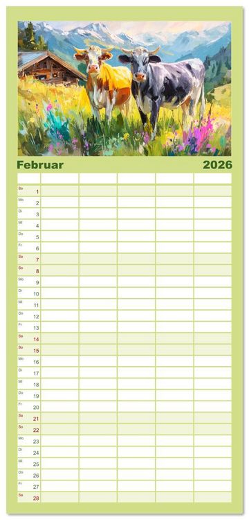Produktbild: Familienplaner 2026 - Almseelen im Licht der Berge. Charmante K&uuml;he in kunstvoller &Ouml;loptik mit 5 Spalten (Wandkalender, 21 x 45 cm) CALVENDO