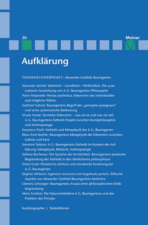 Produktbild: Aufkl&auml;rung, Band 20: Alexander Gottlieb Baumgarten. Sinnliche Erkenntnis in der Philosophie des Rationalismus