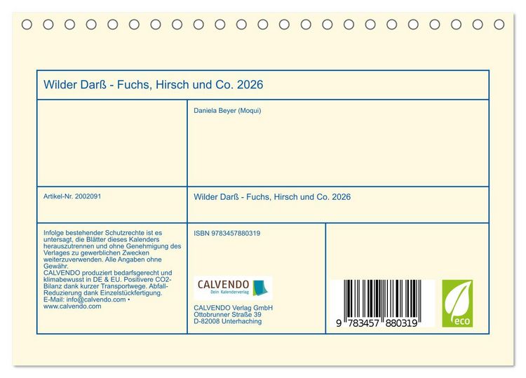 Produktbild: Wilder Dar&szlig; - Fuchs, Hirsch und Co. 2026 (Tischkalender 2026 DIN A5 quer), CALVENDO Monatskalender