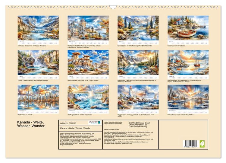 Produktbild: Kanada - Weite, Wasser, Wunder (Wandkalender 2027 DIN A2 quer), CALVENDO Monatskalender