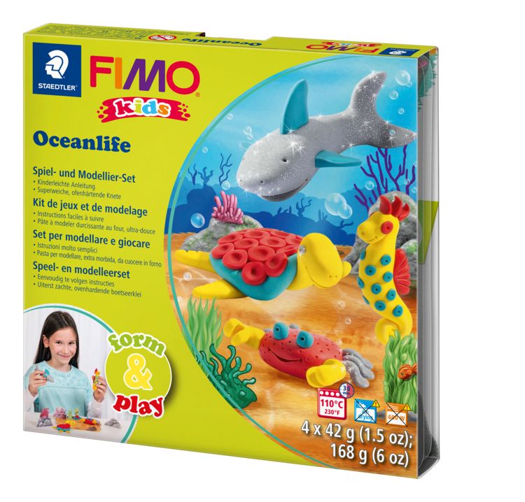 Produktbild: STAEDTLER FIMO kids 8034, ofenh&auml;rtende Modelliermasse, Set Oceanlife mit 4 Bl&ouml;cken 42 g, Modellierstab